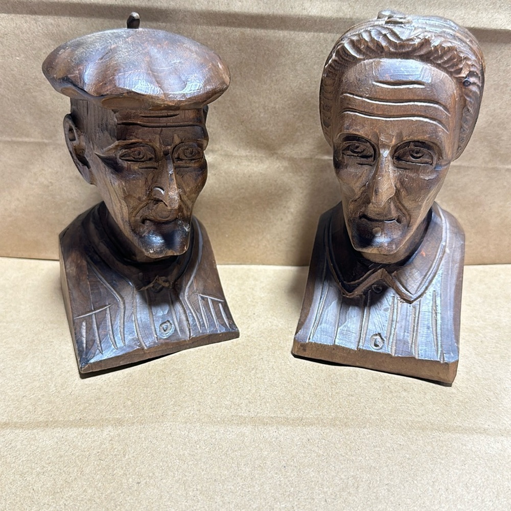 Hand crafted wood man and‎ woman bust / mid century art